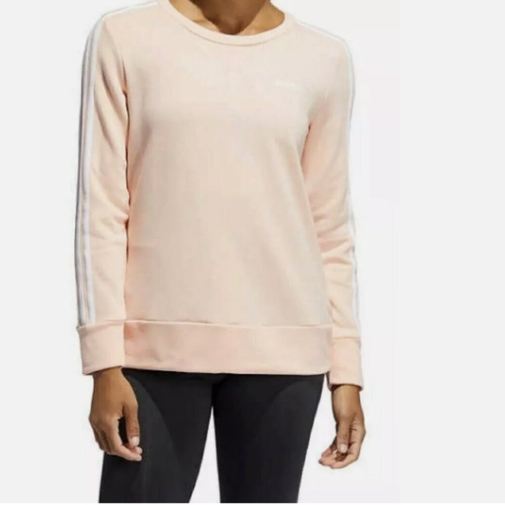 adidas Ladies 3-Stripe Crewneck Sweater (Pink, Small)